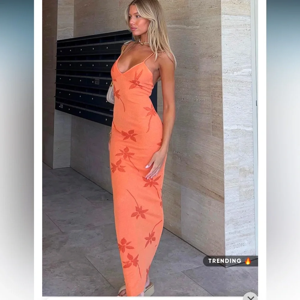 Orange Floral Knit Dress - Picture 2 of 6